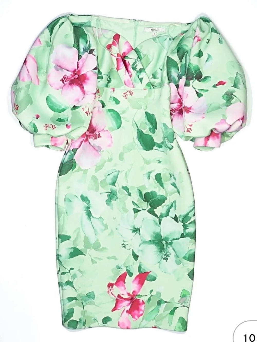 Badgley Mischka Green Floral Puff-Sleeve Scuba Cocktail Dress with Pink Blooms